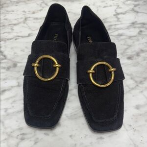Frame Denim Black Loafers with Gold Accent